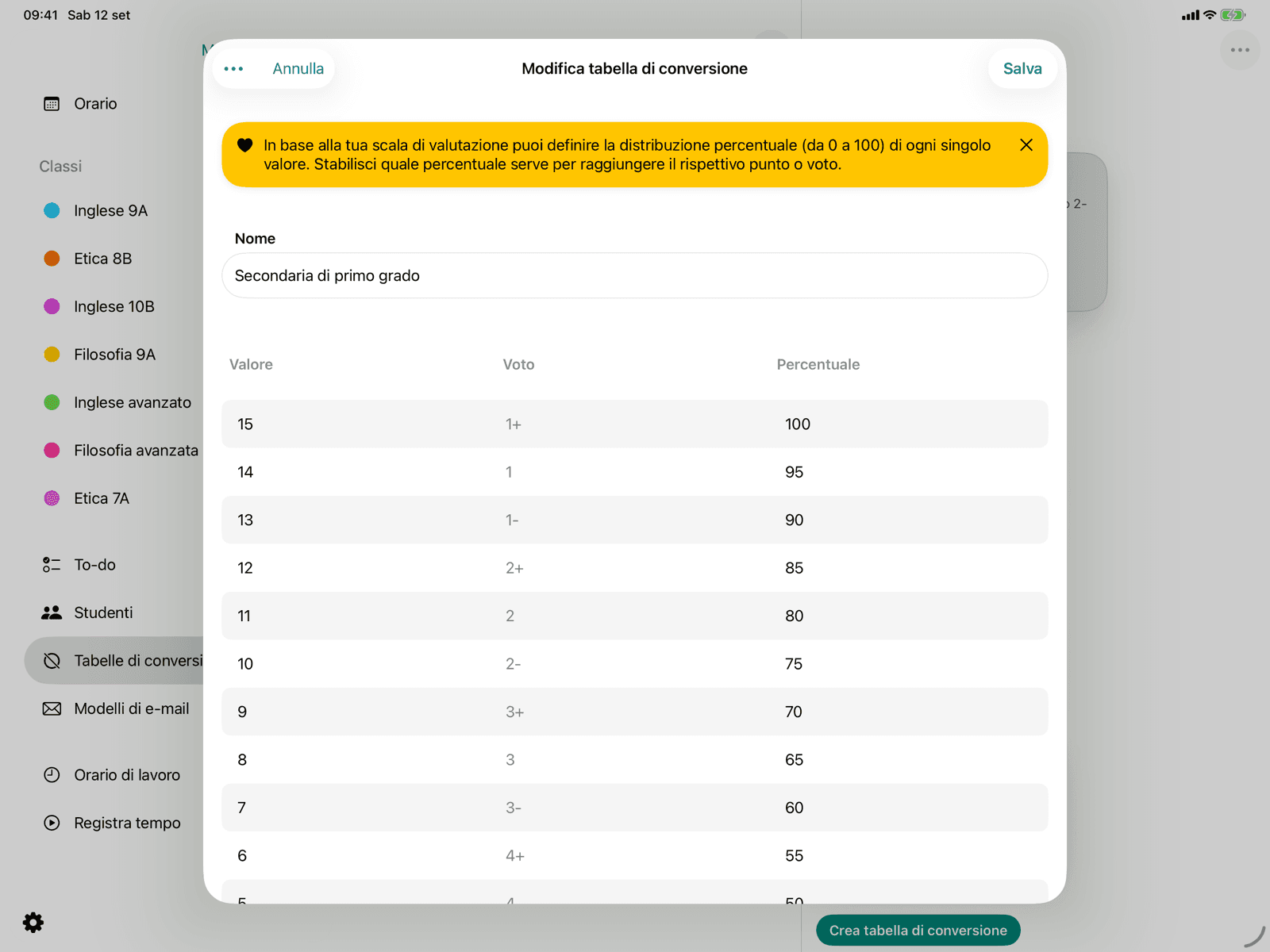 Modifica una tabella di conversione