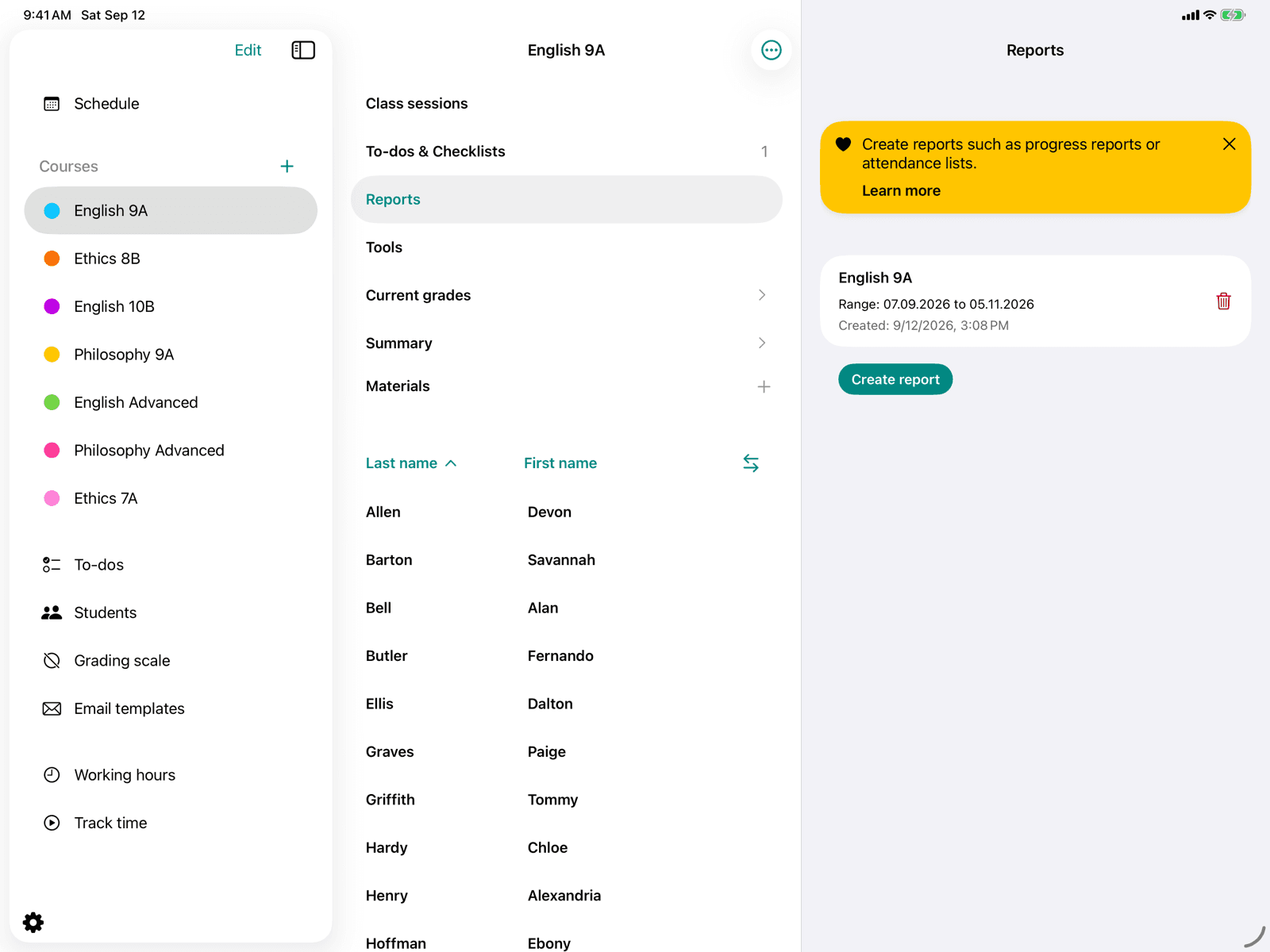 Overview of all created reports