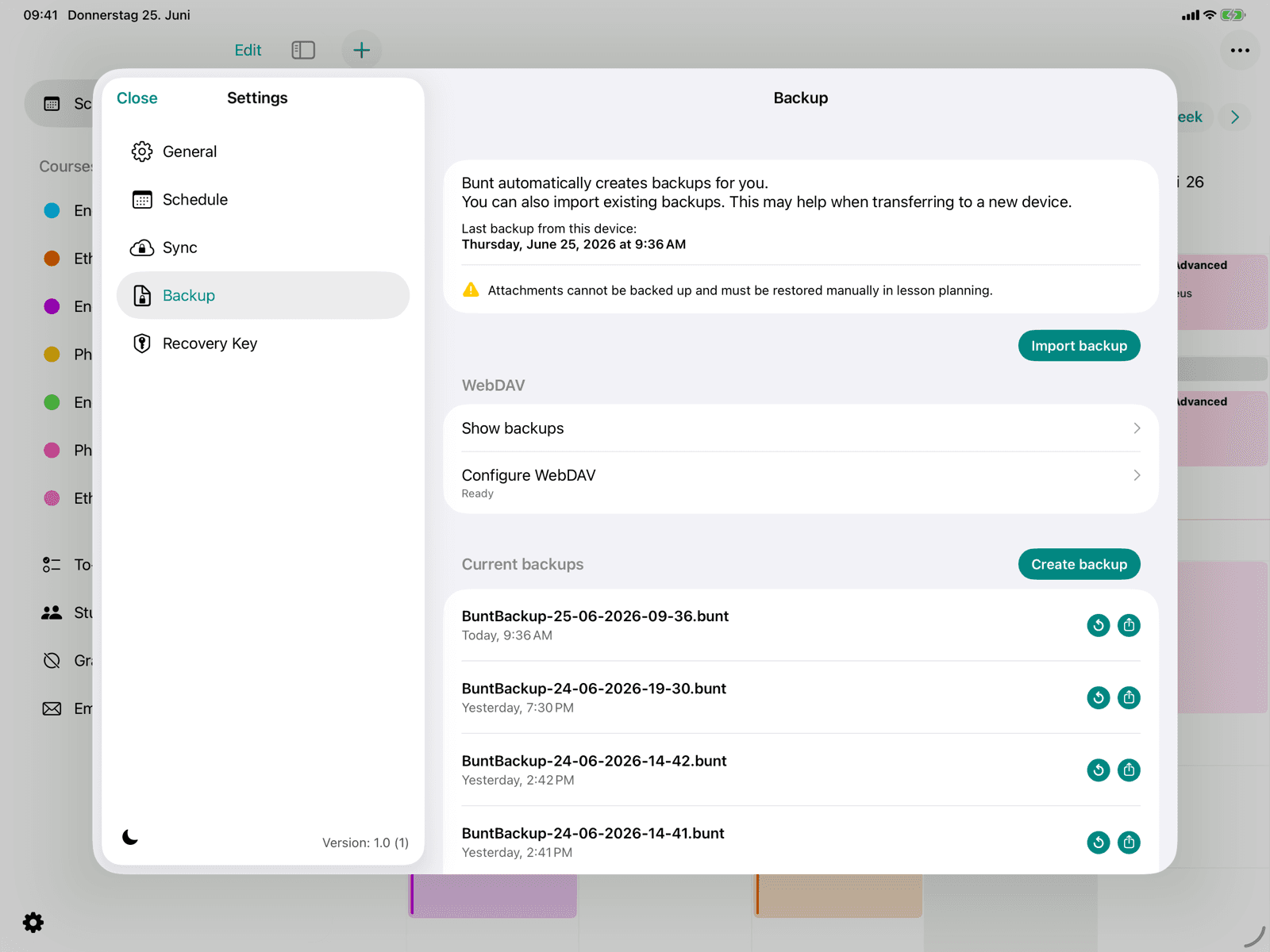 WebDAV section with configuration and backups