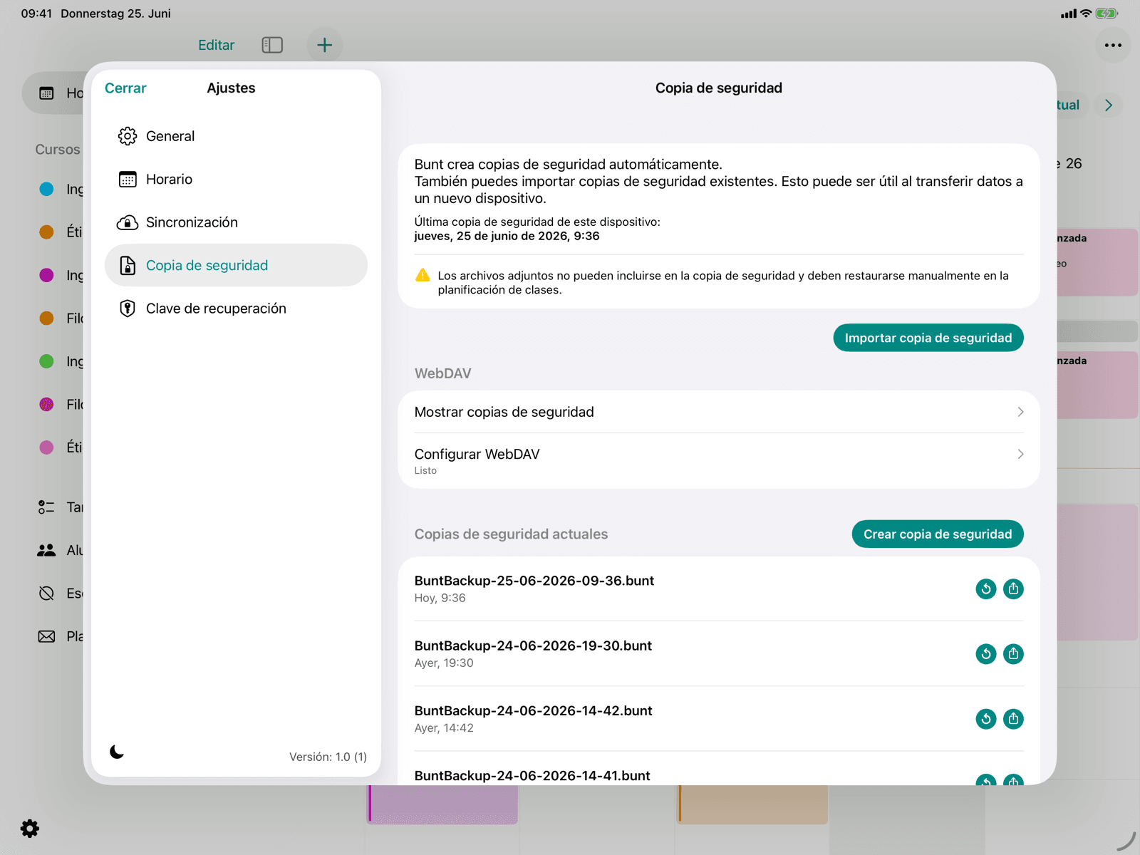 Sección WebDAV con configuración y copias de seguridad