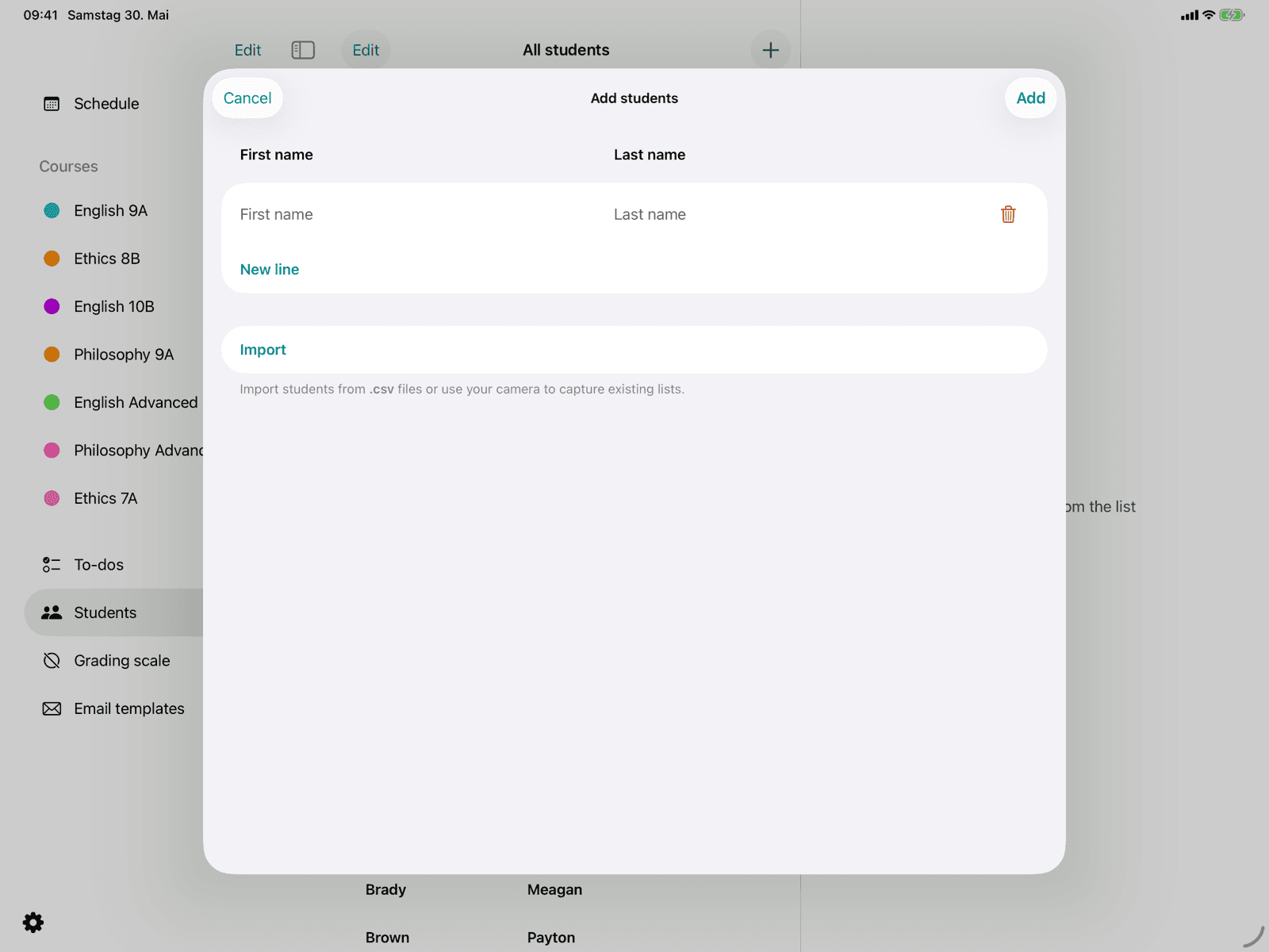 Input row for a new student