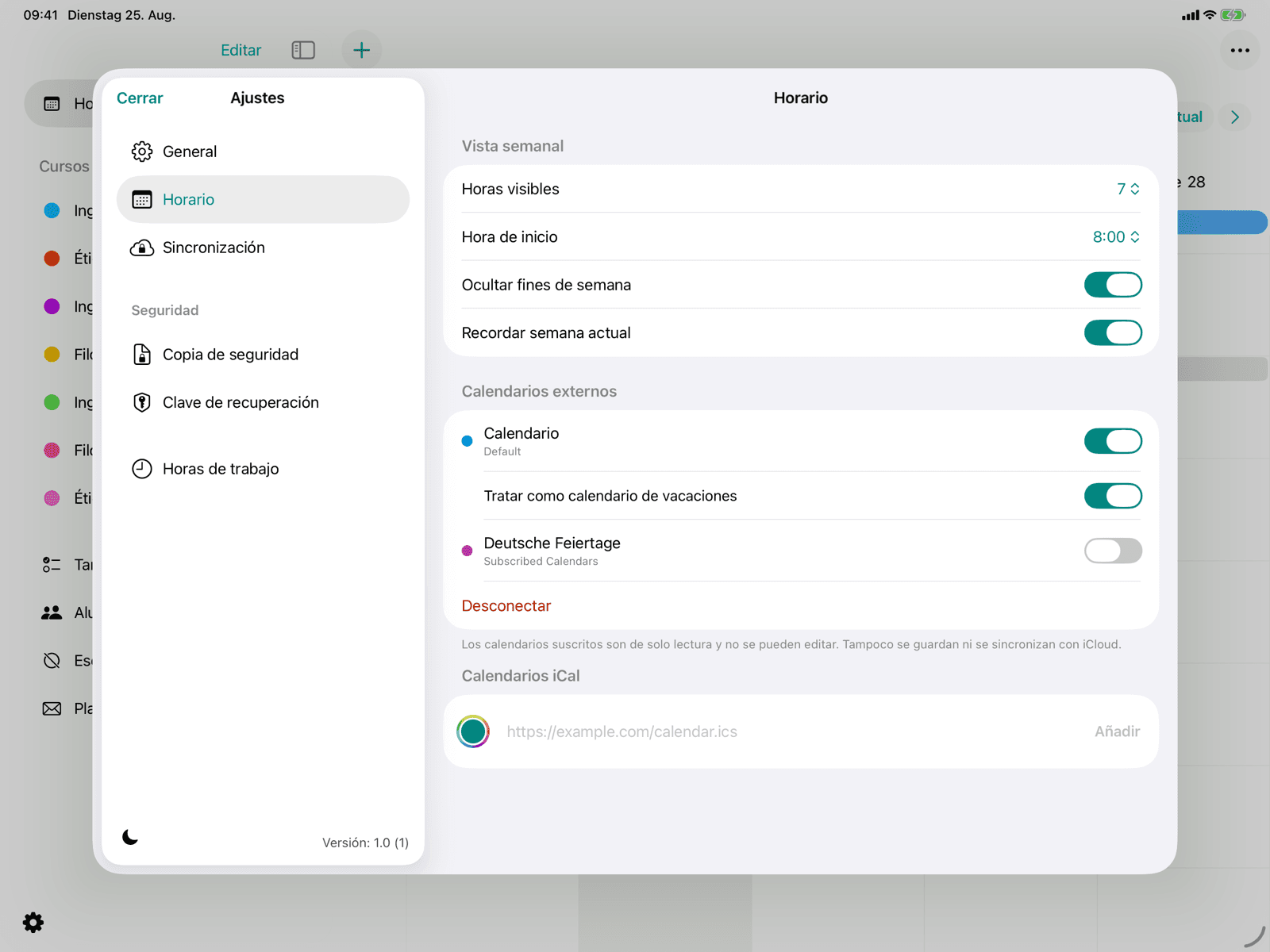 Calendario del dispositivo suscrito con el interruptor de vacaciones activado