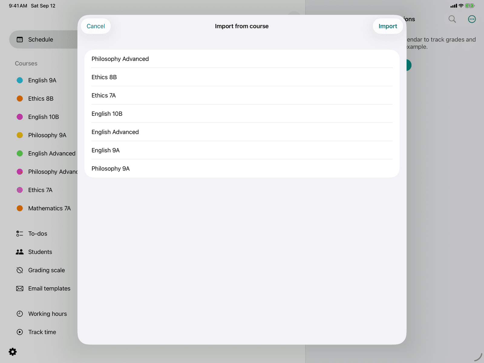 List of existing courses to choose from