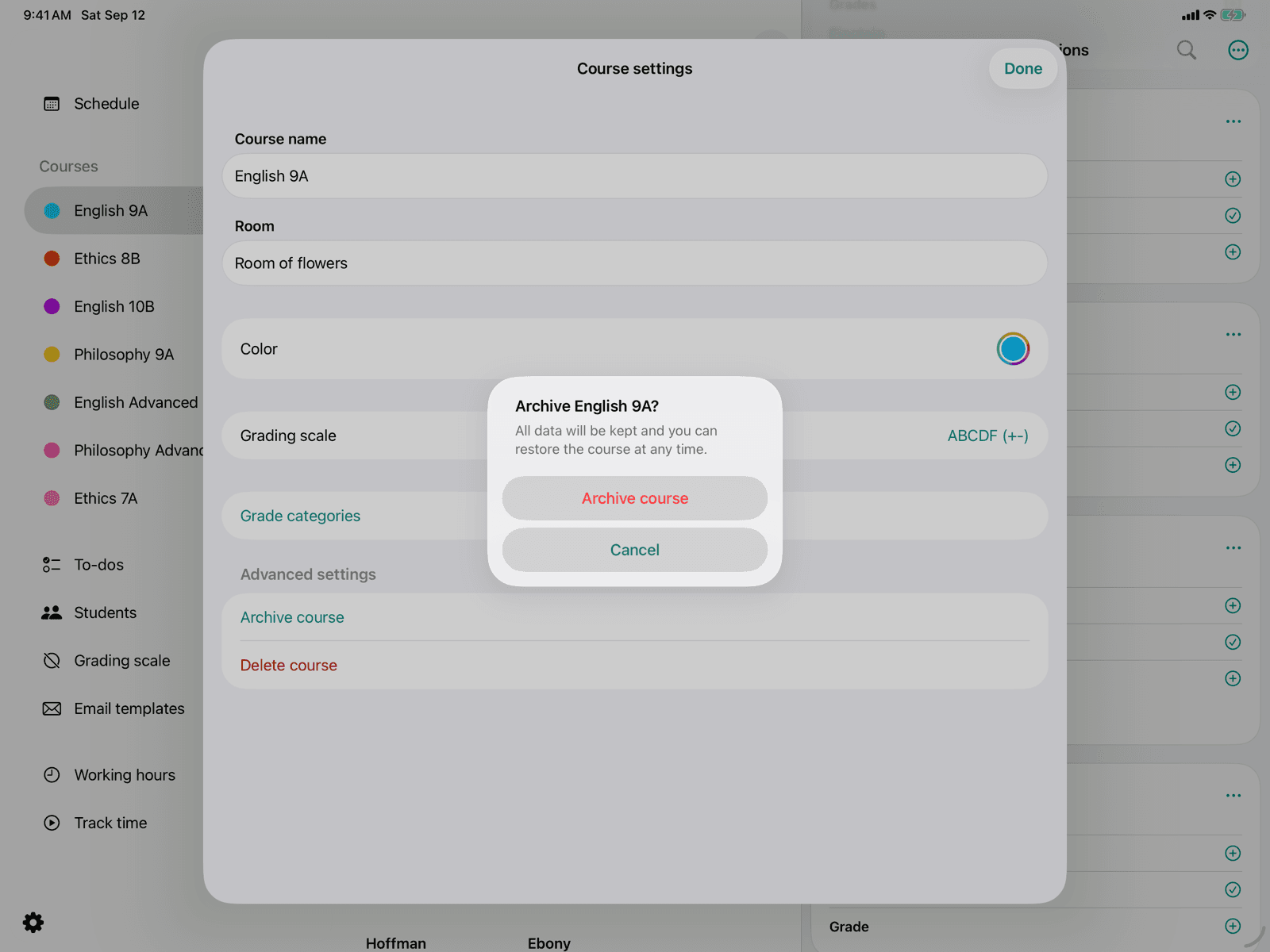Course settings with the "Archive course" confirmation dialog
