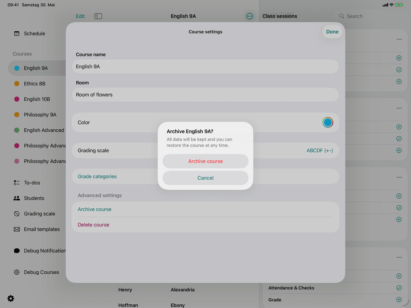 Course settings with the "Archive course" confirmation dialog