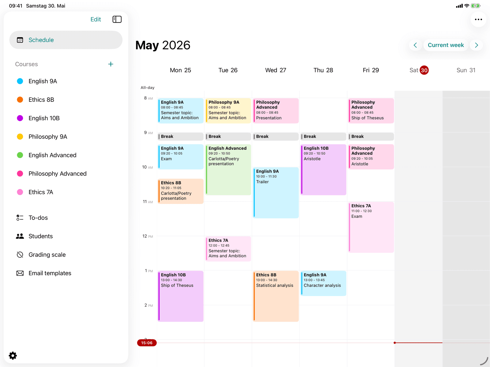 Course list with color dots in the sidebar