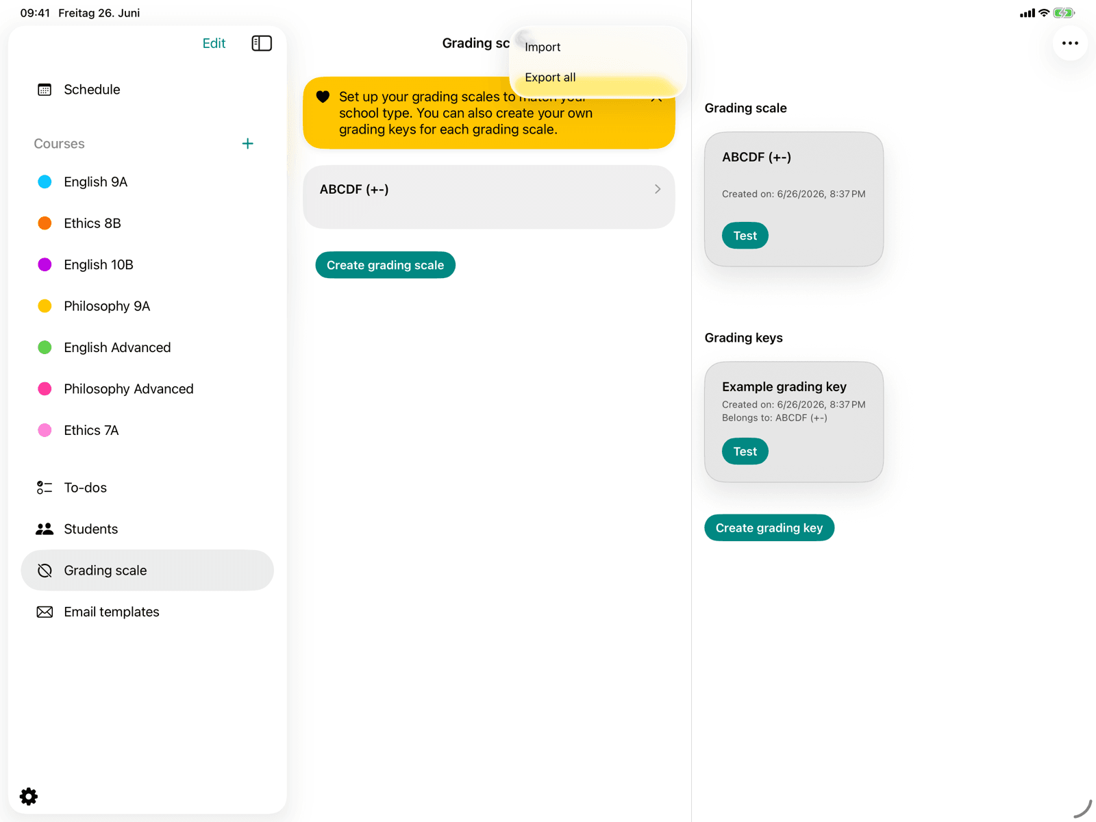 Open menu with import and export options