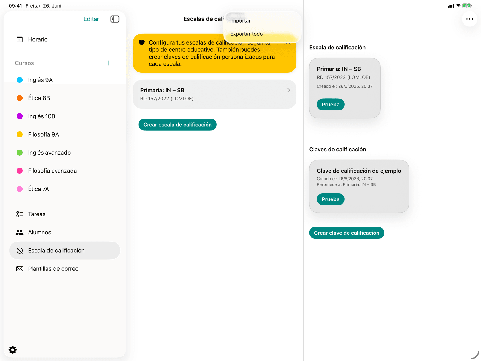 Menú abierto con opciones de importación y exportación