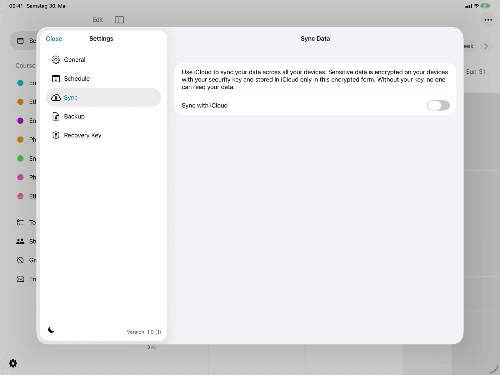 Toggle and status indicator for iCloud