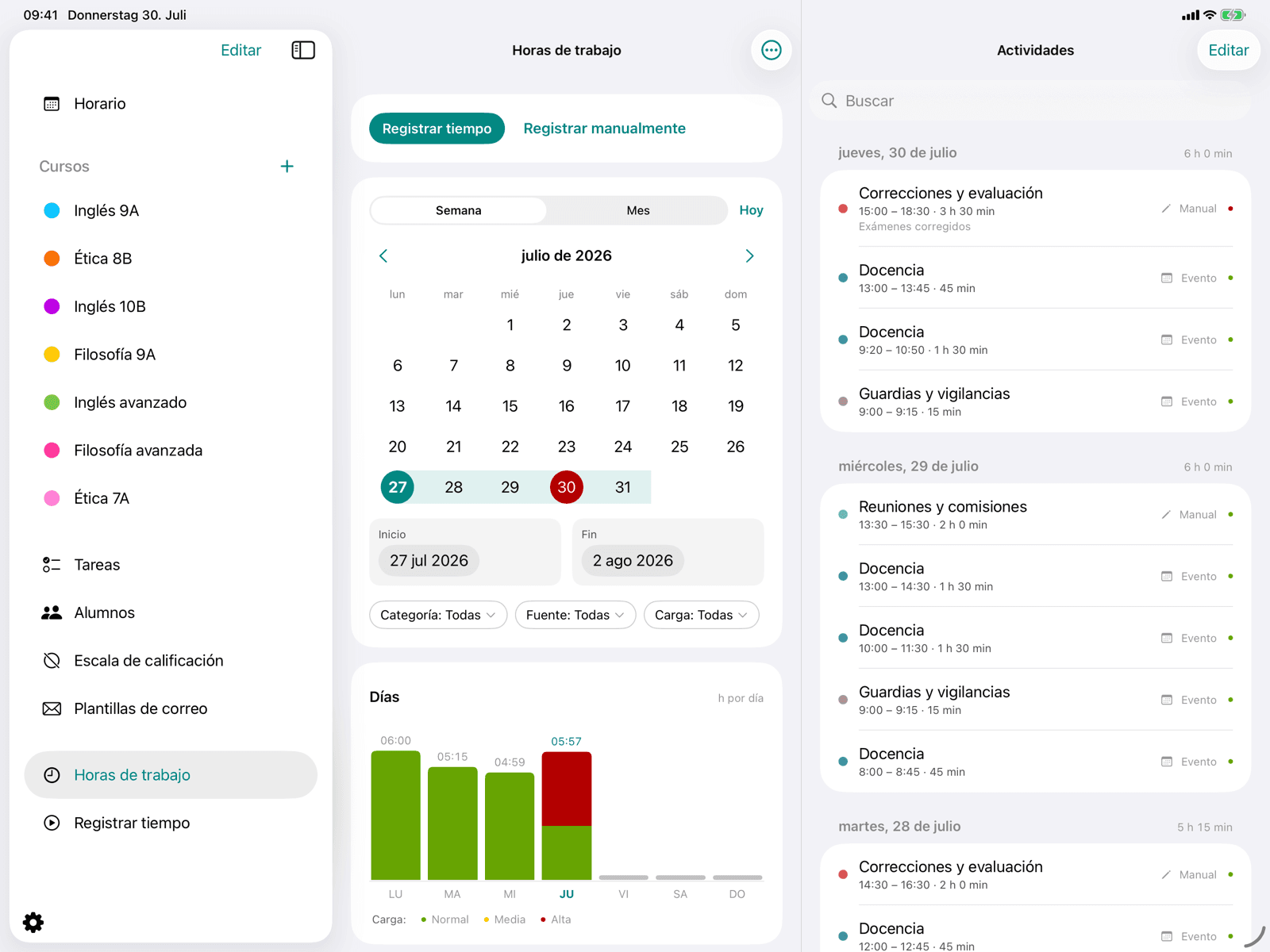Vista general con tarjeta de temporizador y evaluación
