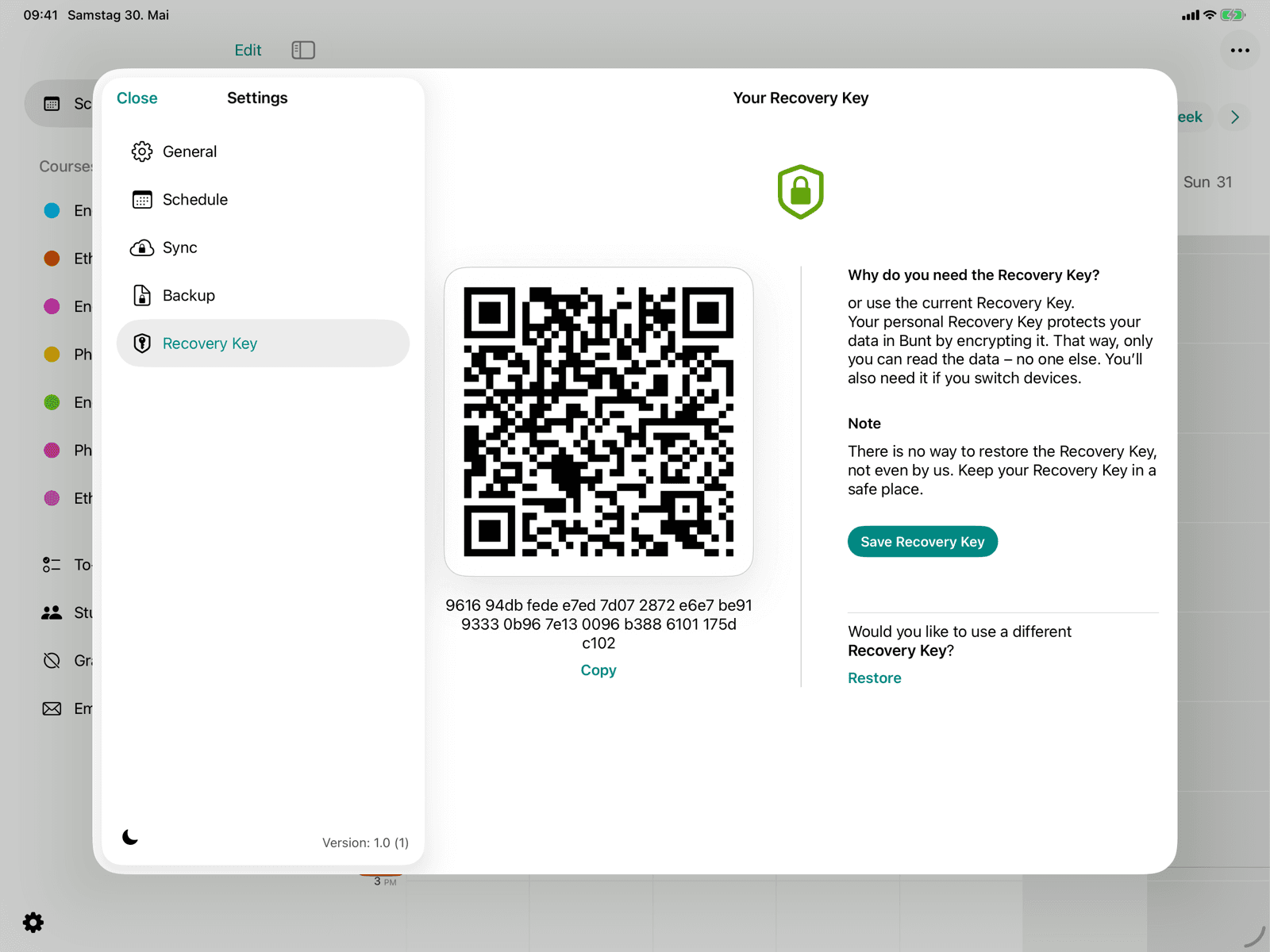 Security key with QR code and actions