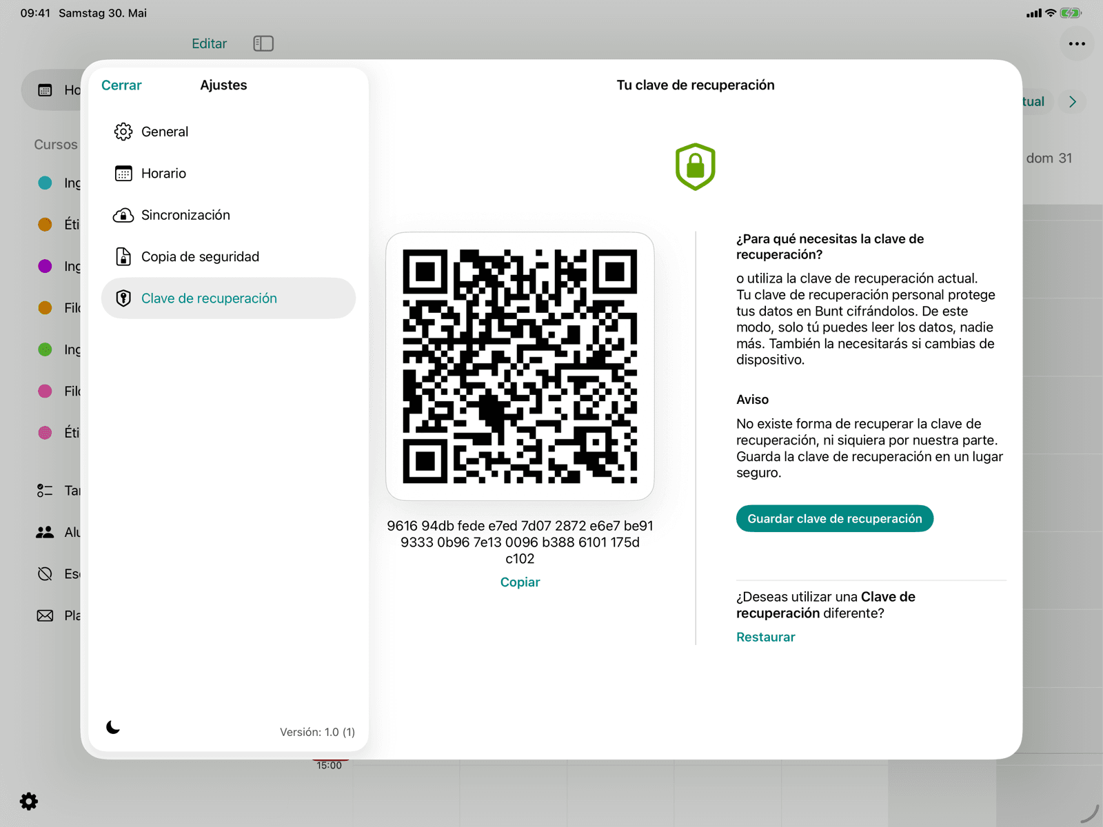 Clave de seguridad con código QR y acciones