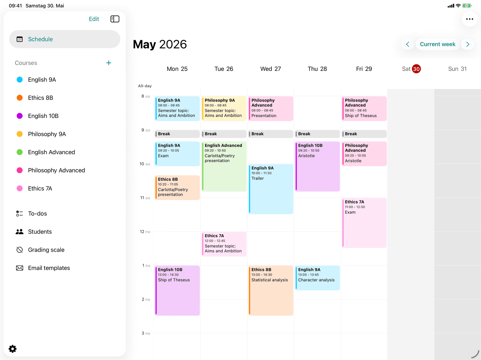 Week view with events and week navigation