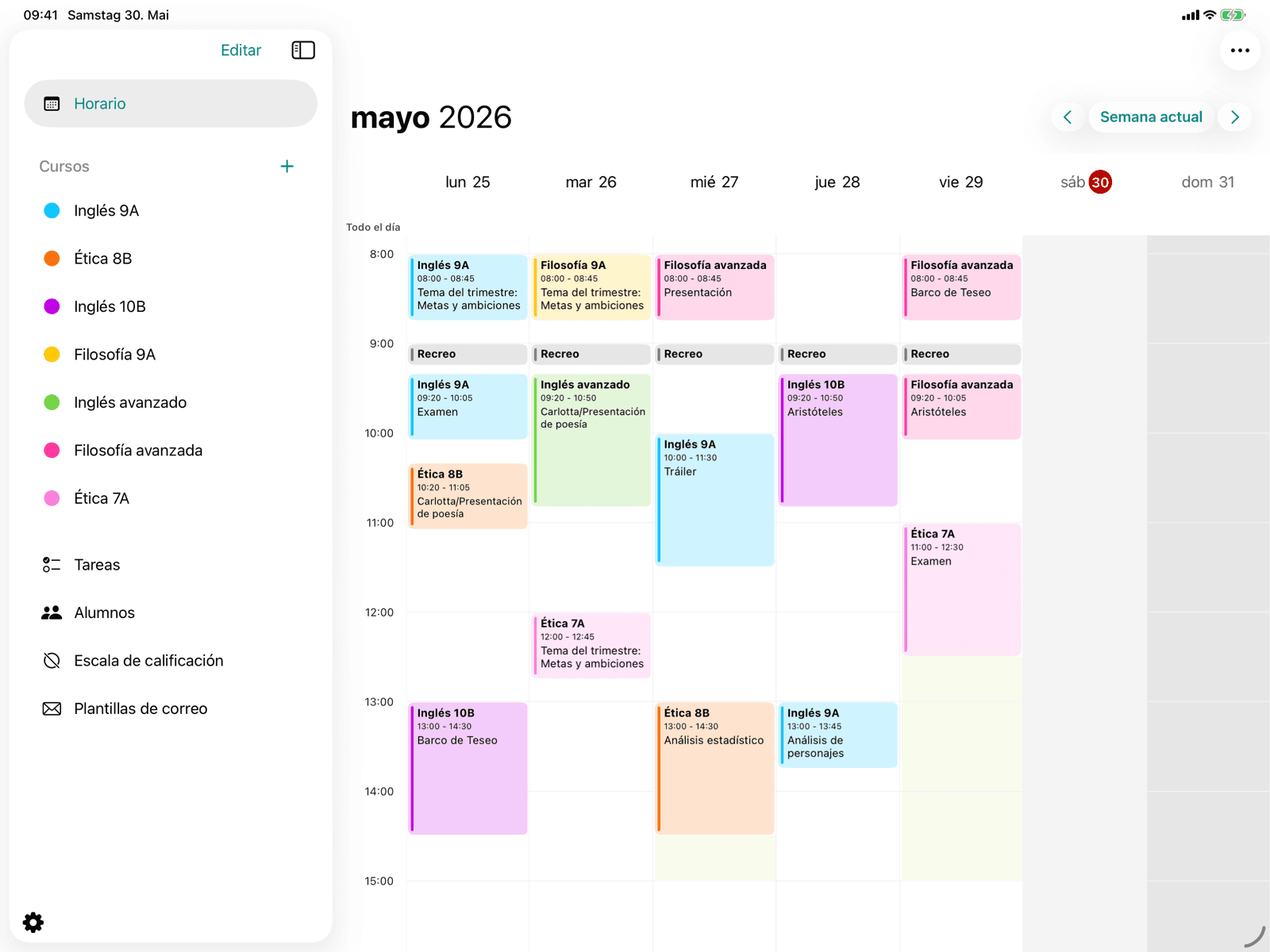 Vista semanal con citas y navegación por semanas