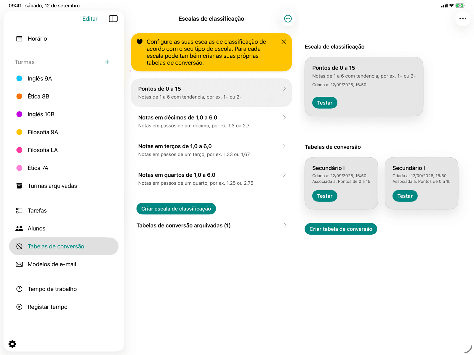 Botão para mostrar as tabelas de conversão arquivadas