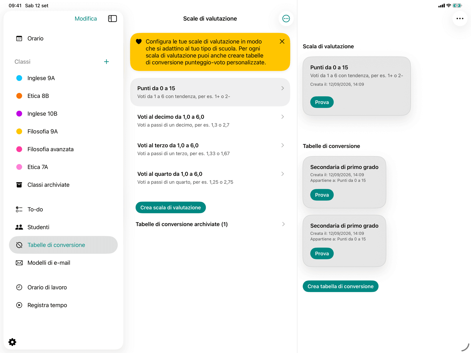 Pulsante per mostrare le tabelle di conversione archiviate