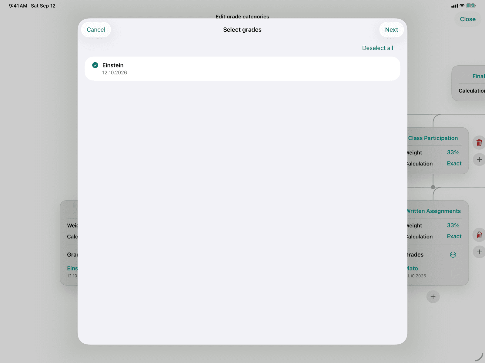 Selecting the gradings to move