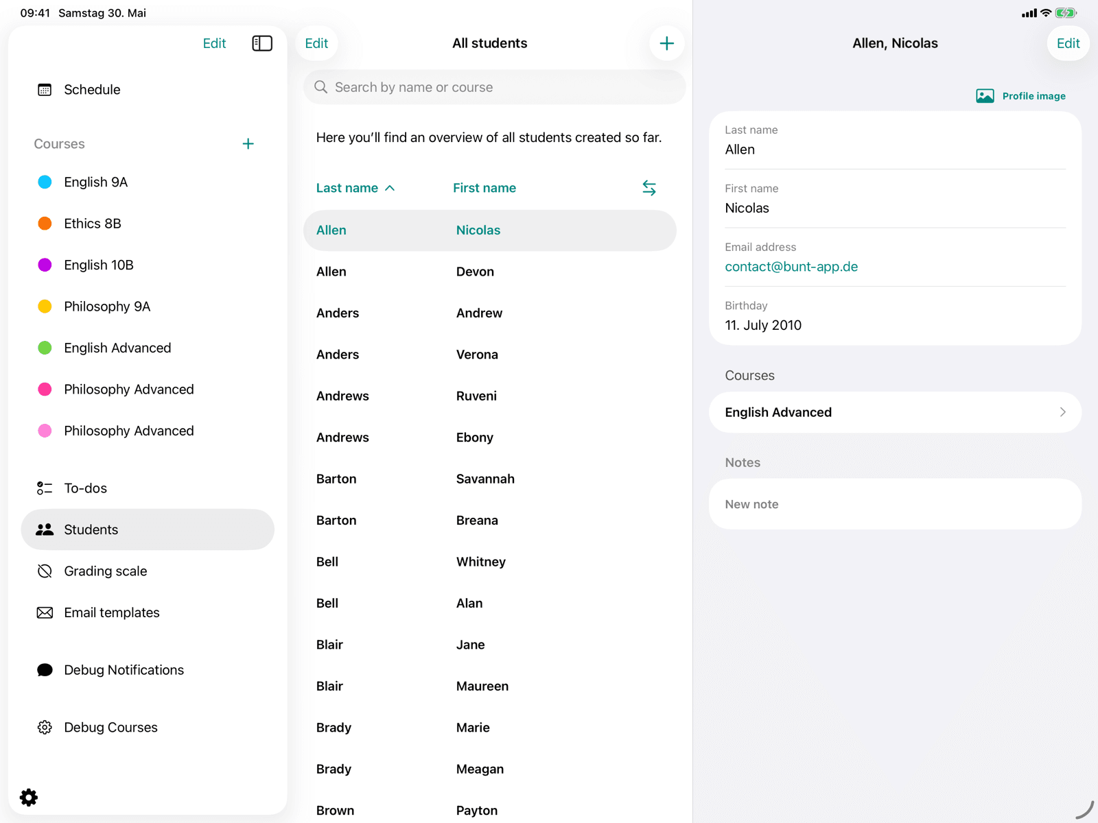Detail view of the selected student in the sidebar