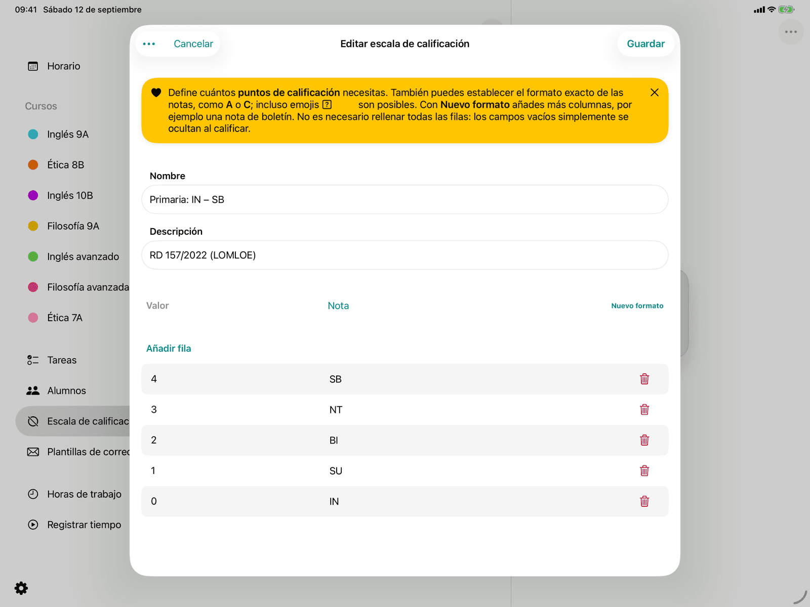 Vista de detalle de un esquema de calificación con escalas de notas