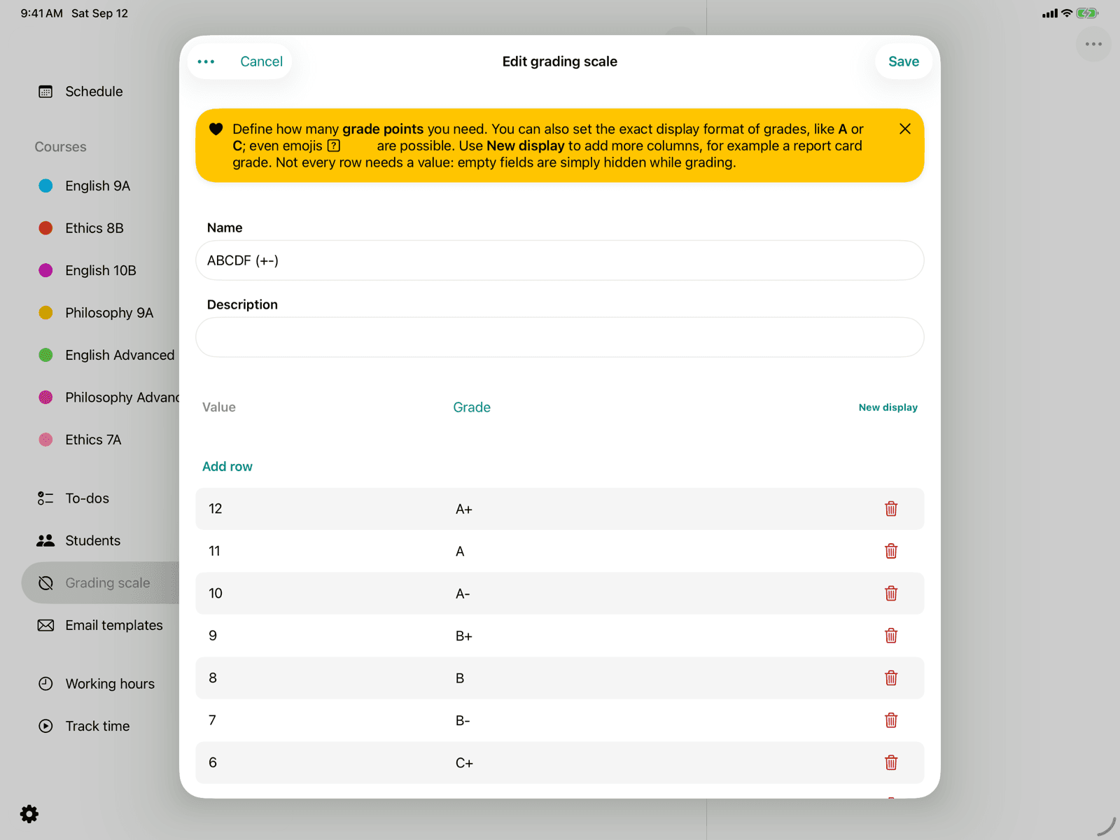 Detail view of a grading scheme with grading keys