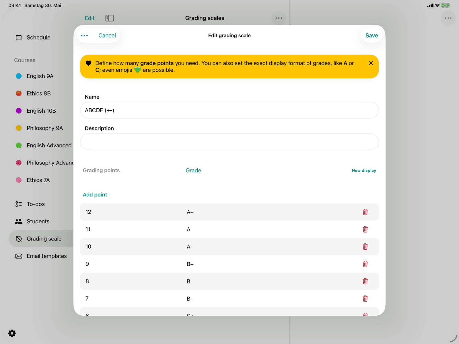 Detail view of a grading scheme with grading keys