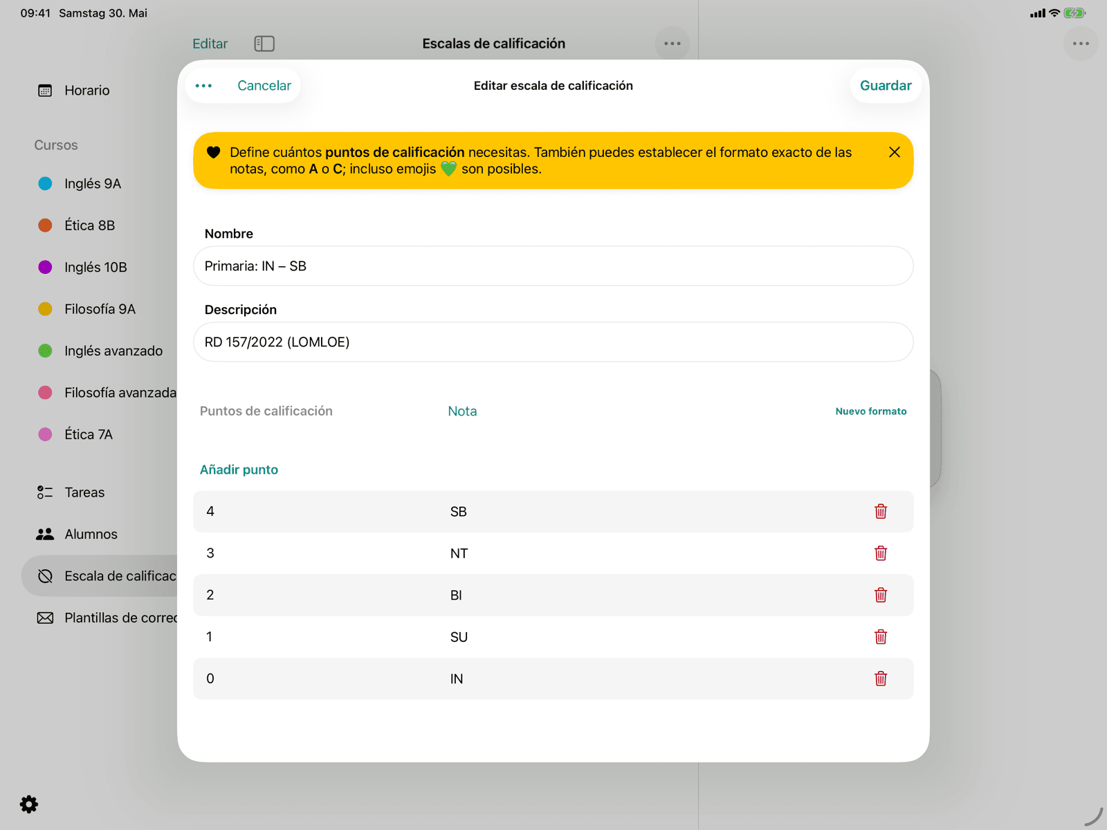 Vista de detalle de un esquema de calificación con escalas de notas