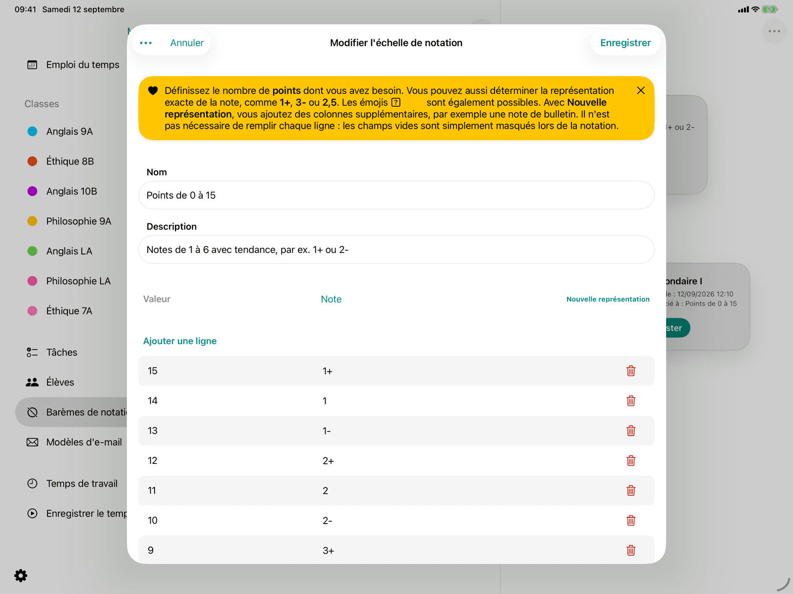 Vue détaillée d'une échelle de notation avec ses barèmes