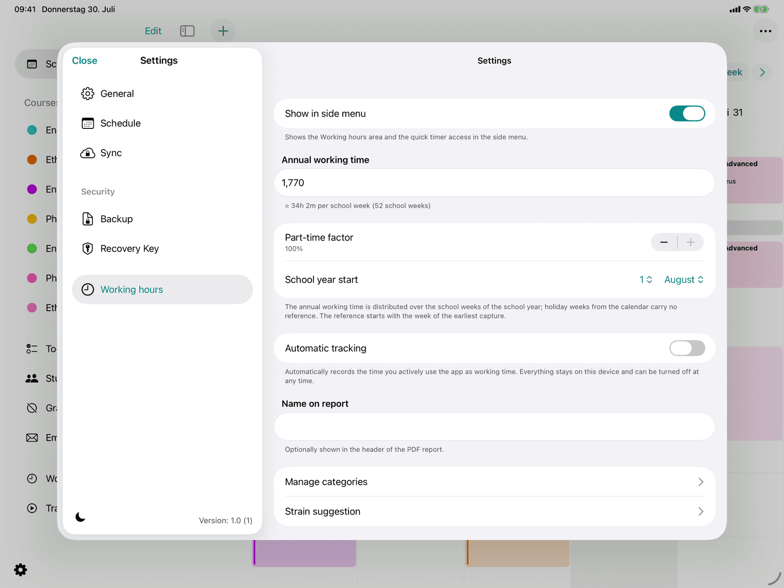 Working-hours settings