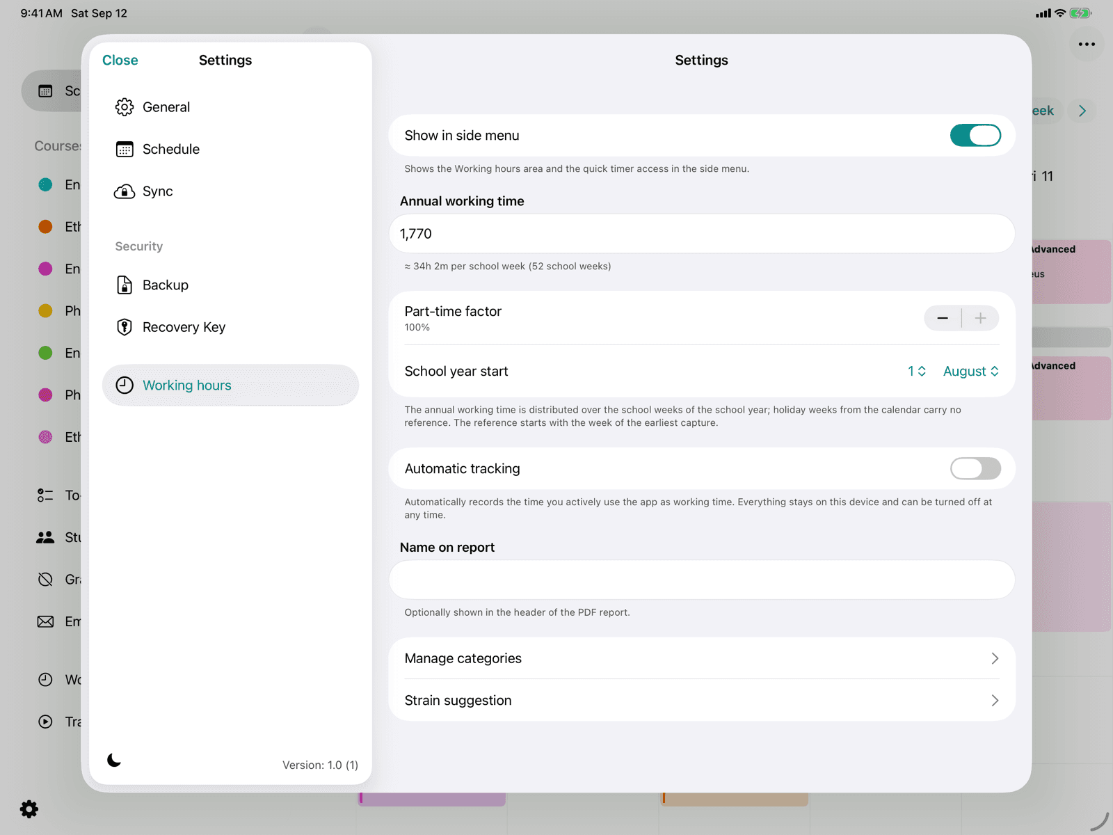 Working-hours settings