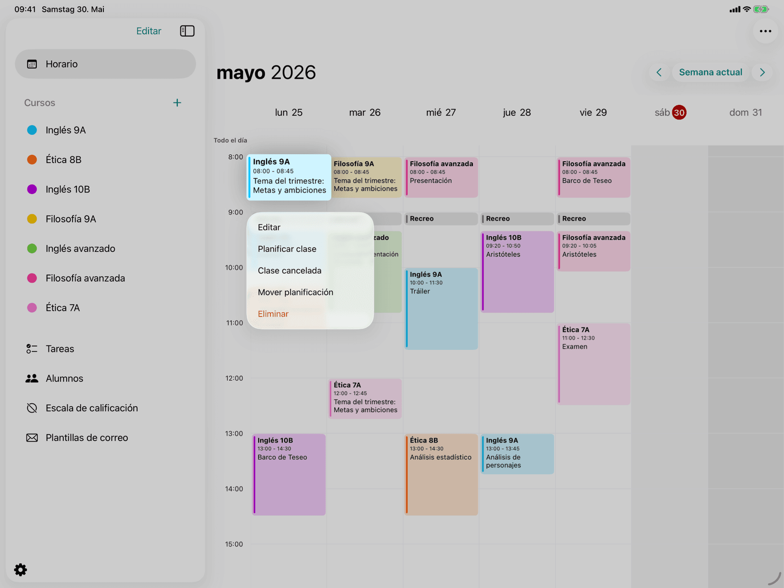 Menú contextual en una cita