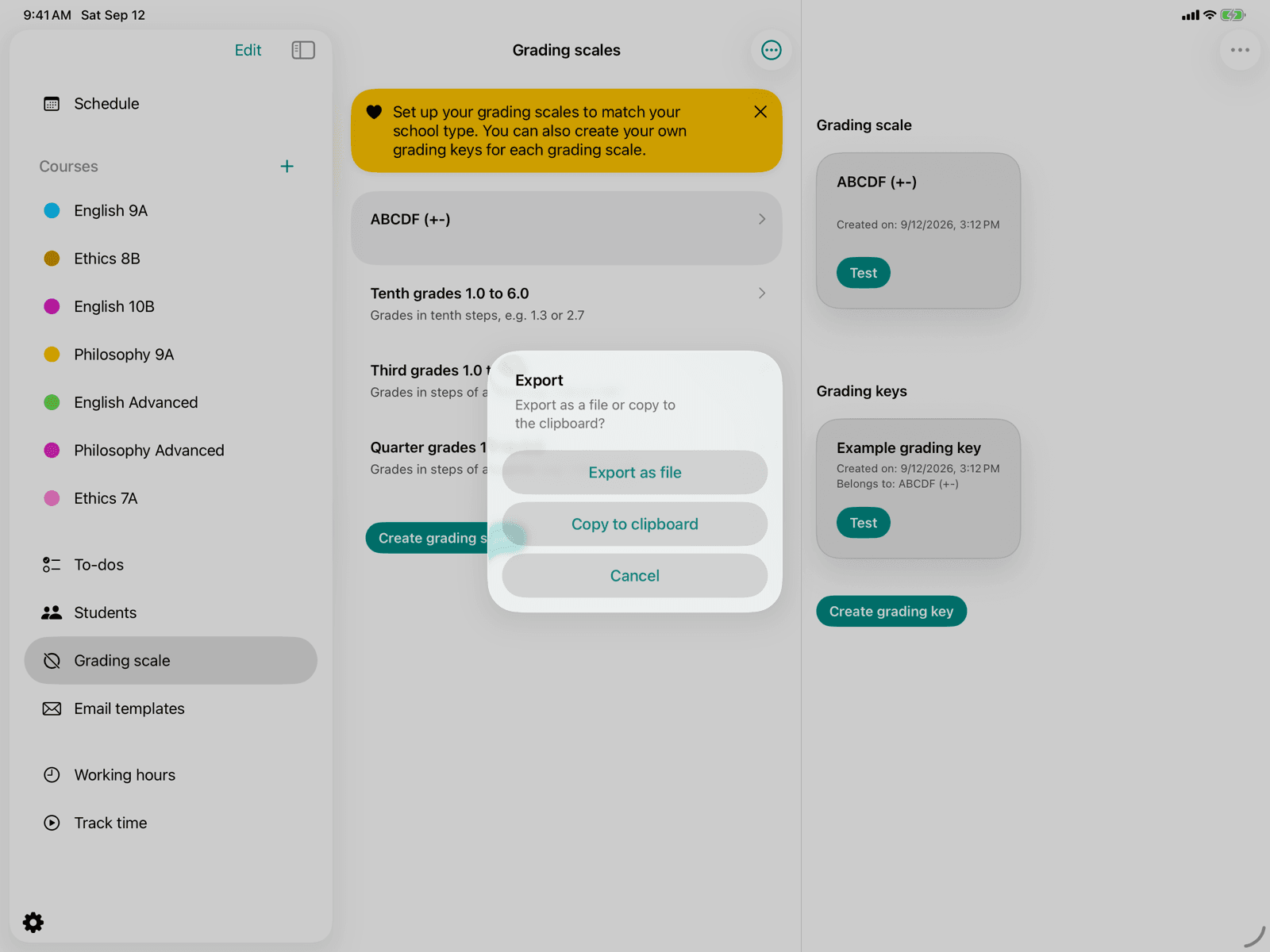 Export dialog with file and clipboard options