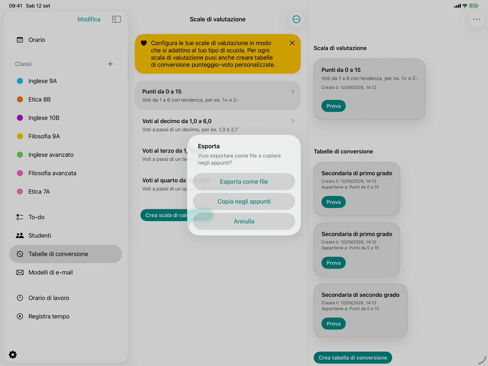 Finestra di esportazione con l’opzione file e appunti