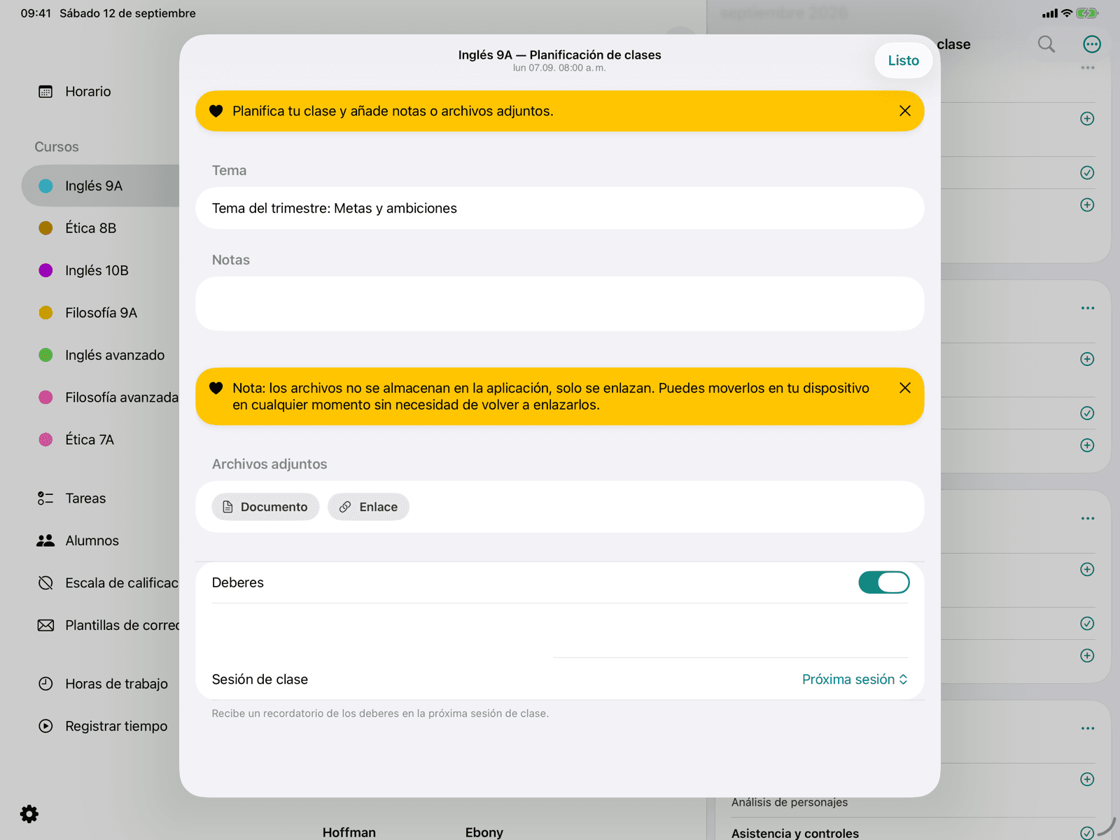Deberes con recordatorio para una clase posterior