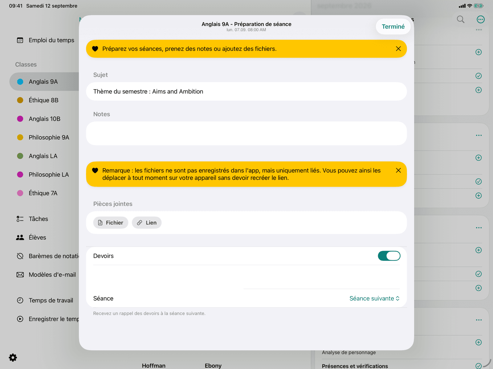 Devoirs avec rappel lors d'une séance ultérieure