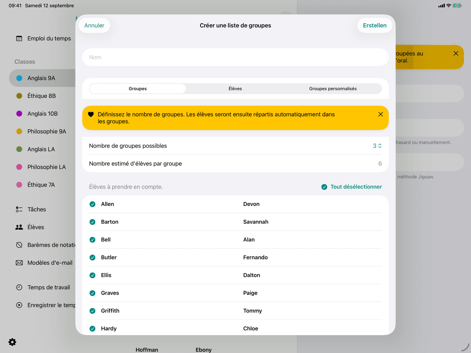 Configuration des groupes avec le choix du mode