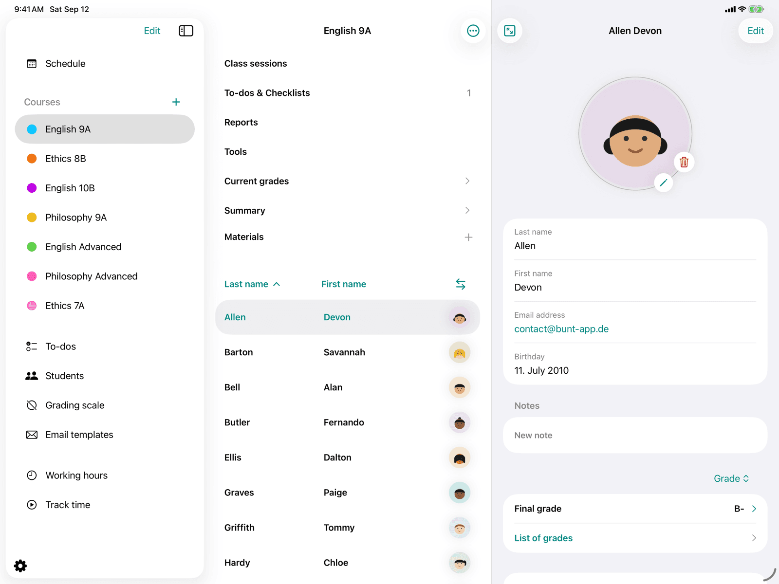 Course overview with profile images in the student list