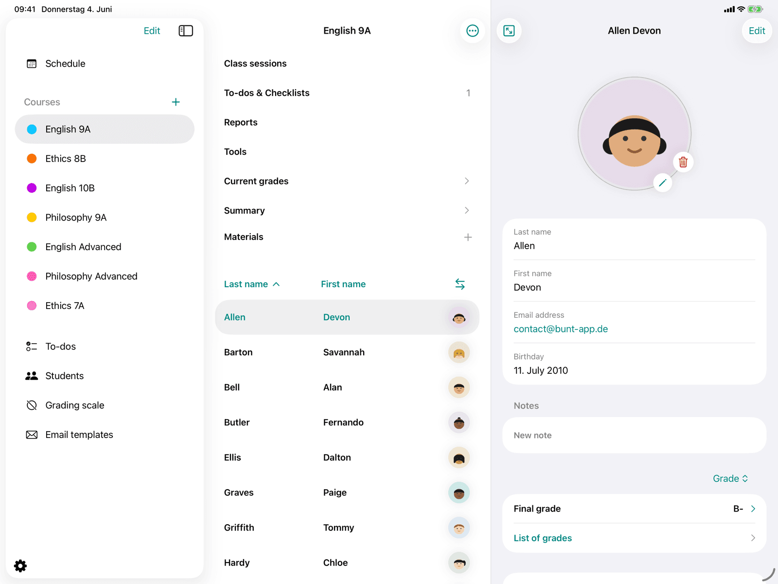 Course overview with profile images in the student list