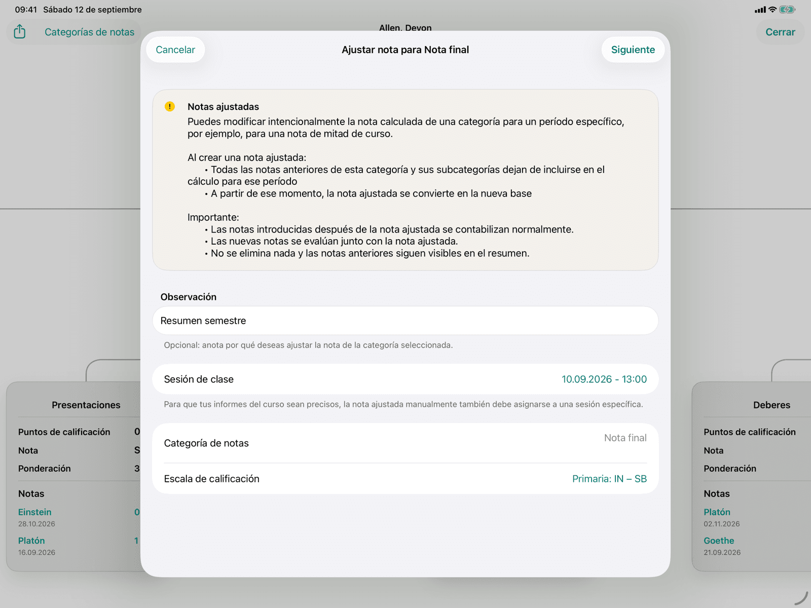 Editor con nota y clase