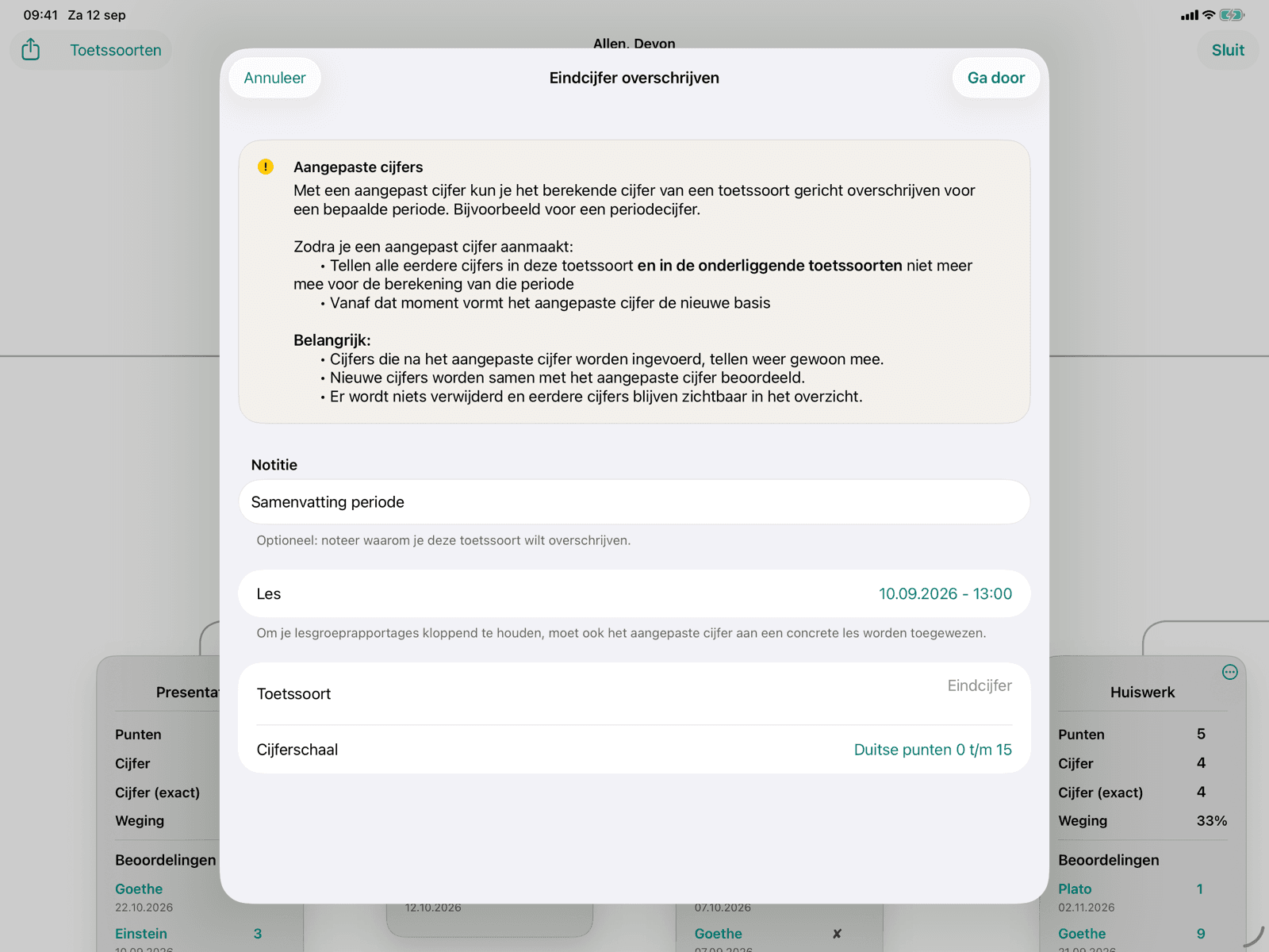Editor met notitie en les