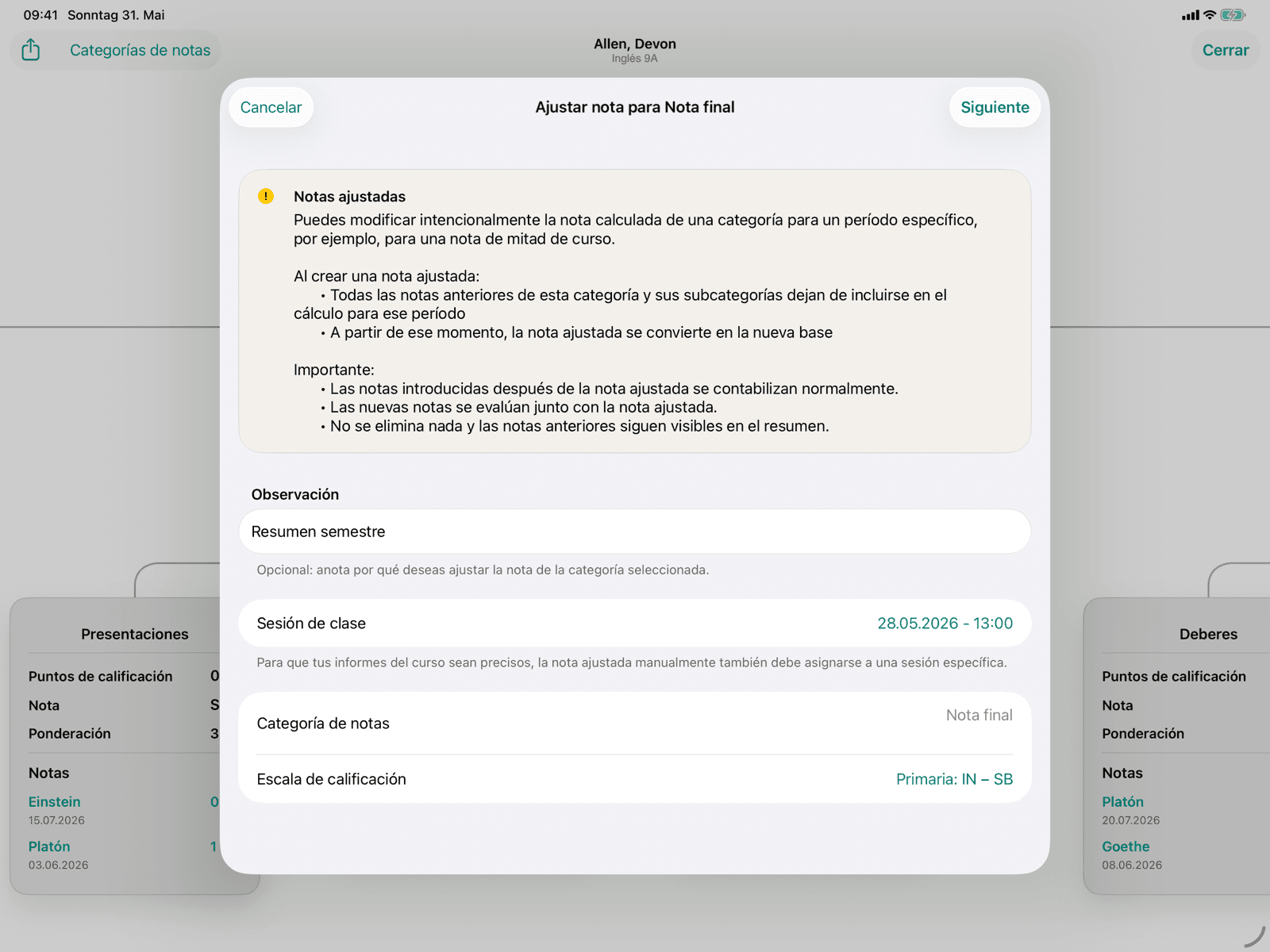 Editor con nota y clase