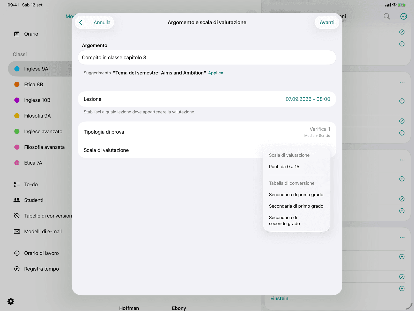 Argomento, lezione e tabella di conversione
