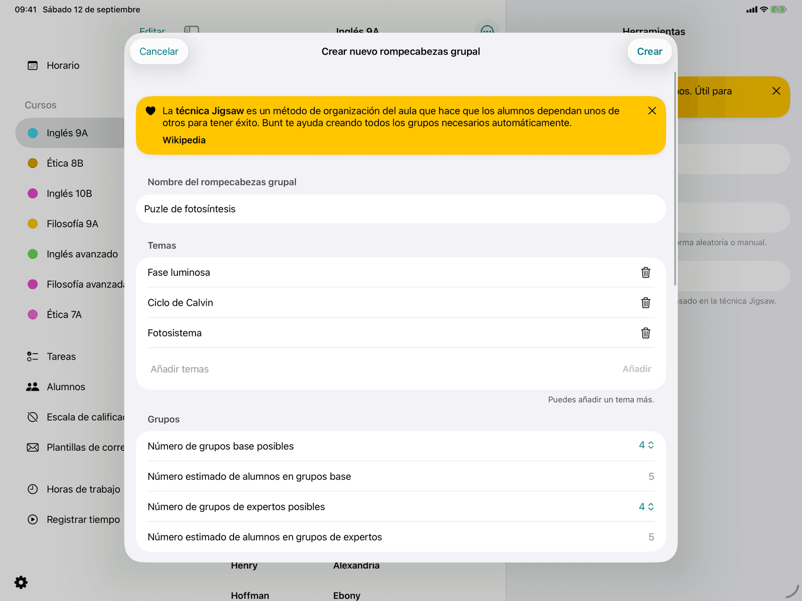Ajustes de temas y grupos