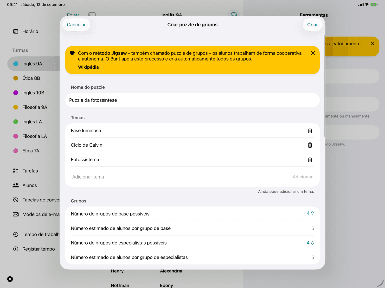 Definições dos temas e dos grupos