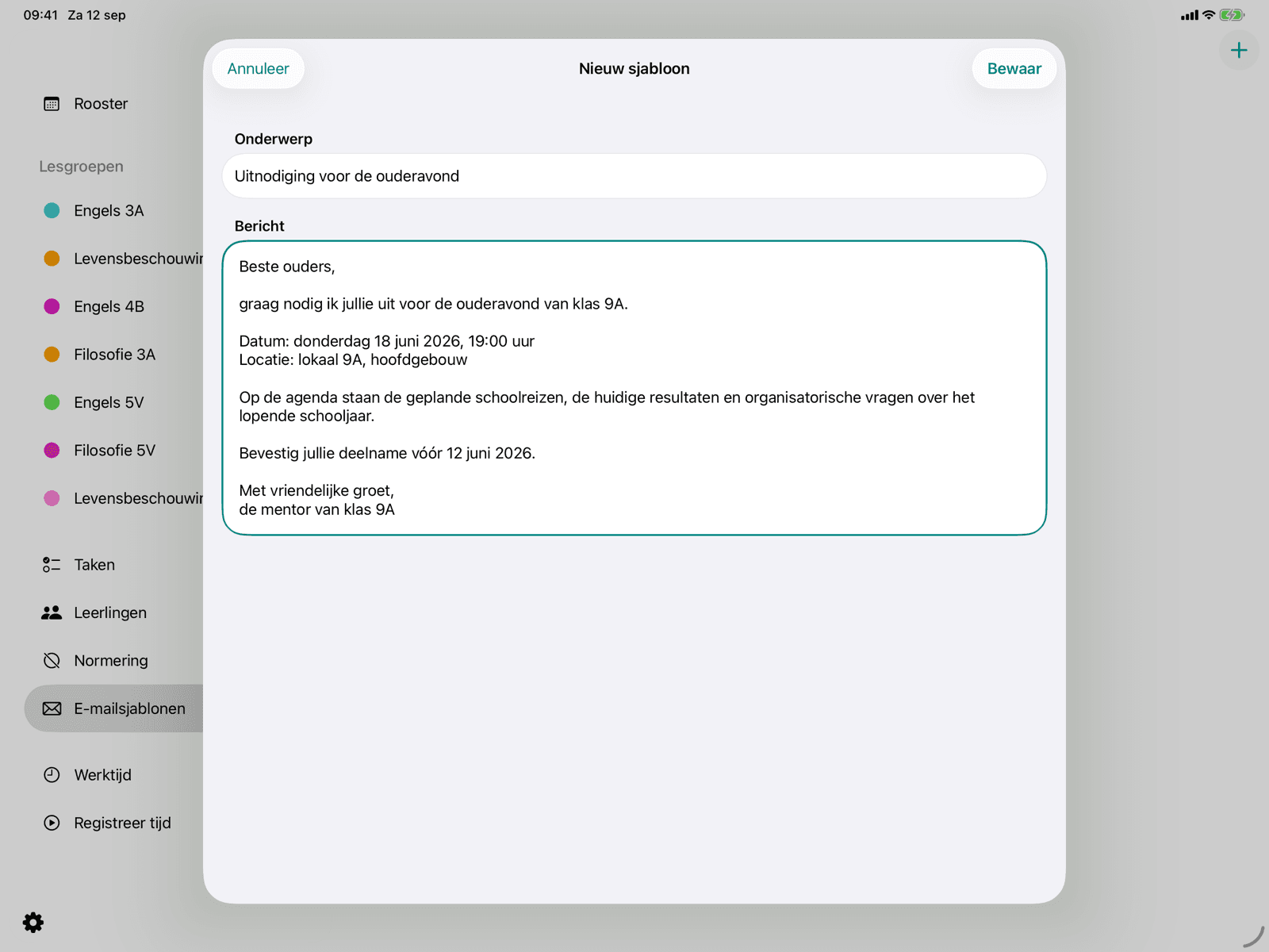 Sjabloon met onderwerp en bericht
