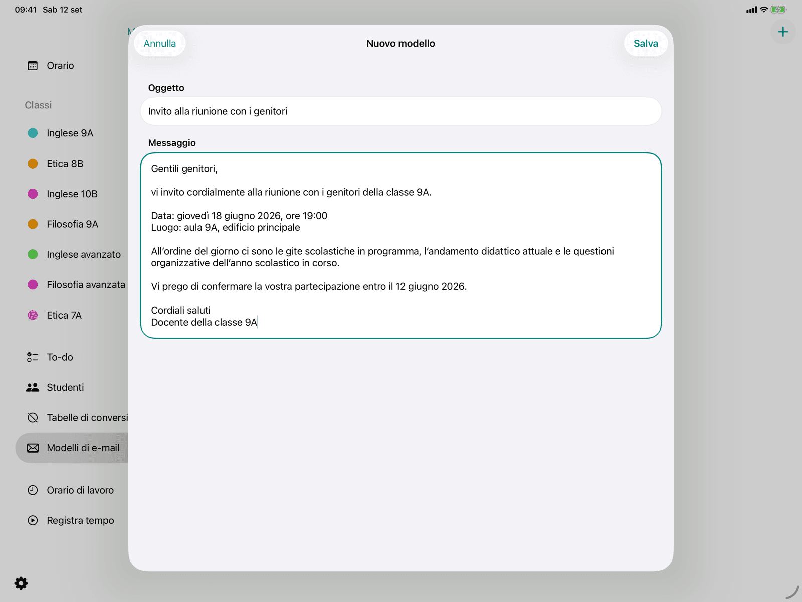 Modello con oggetto e messaggio