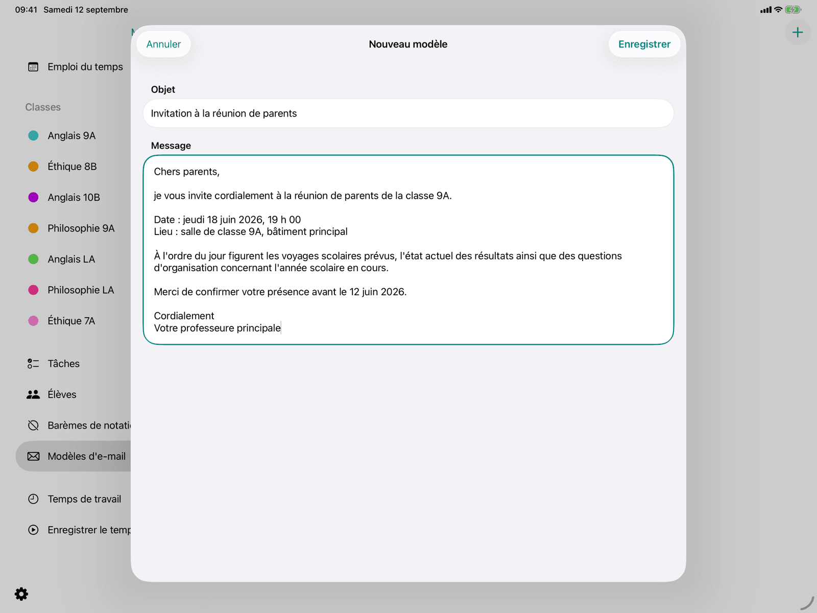 Modèle avec objet et message