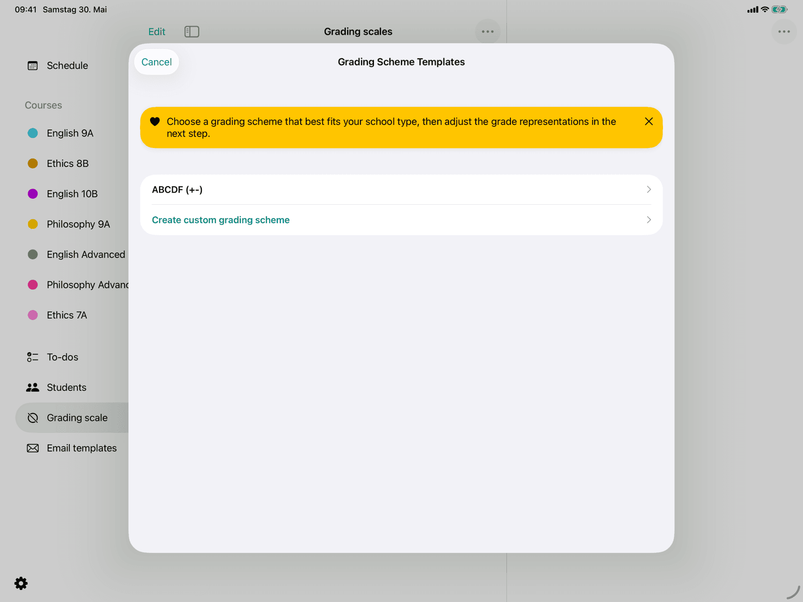 Selecting a grading scheme template