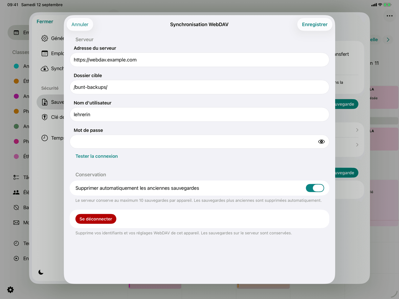 Formulaire de saisie de la connexion WebDAV