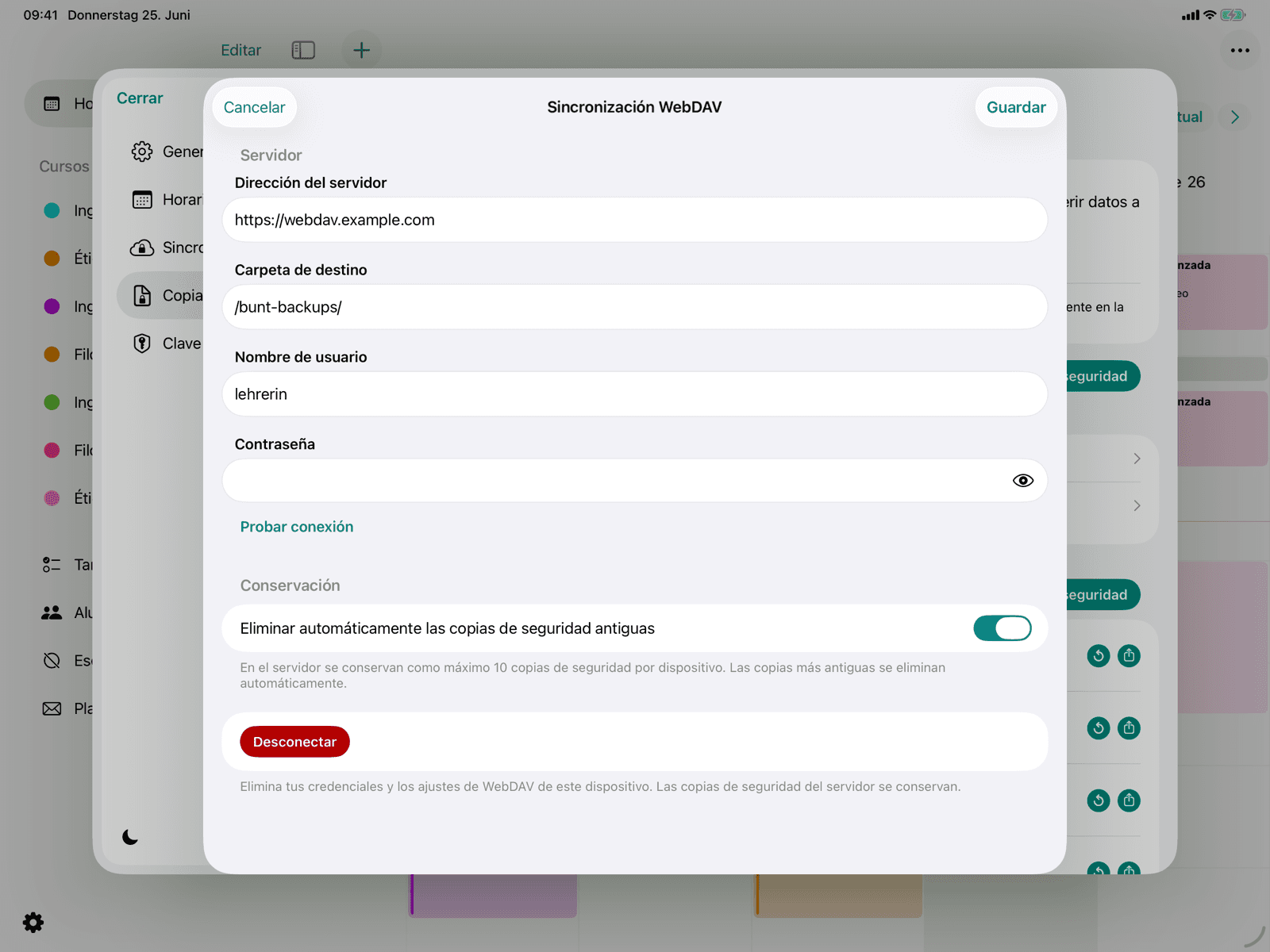 Formulario de la conexión WebDAV