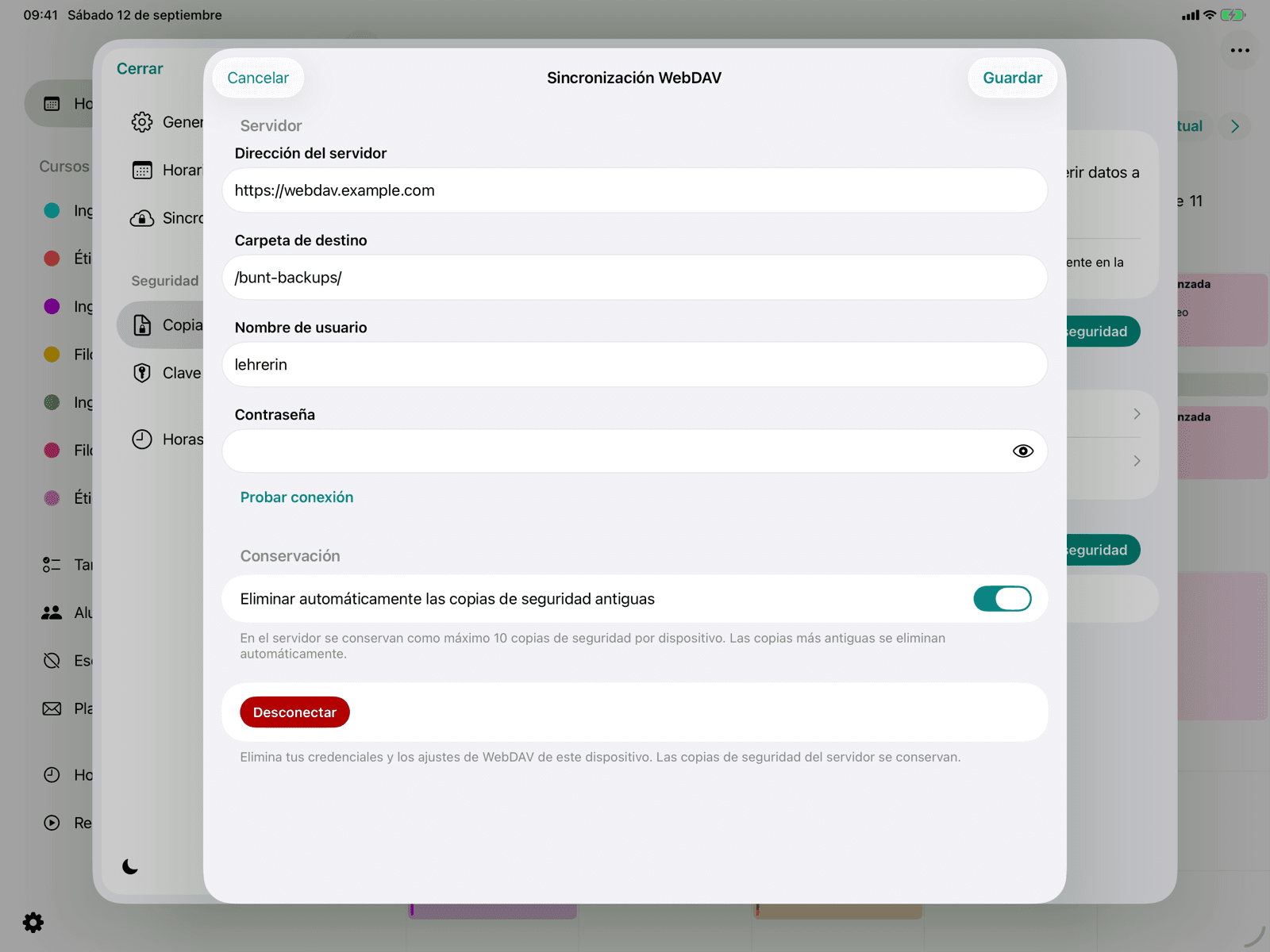 Formulario de la conexión WebDAV